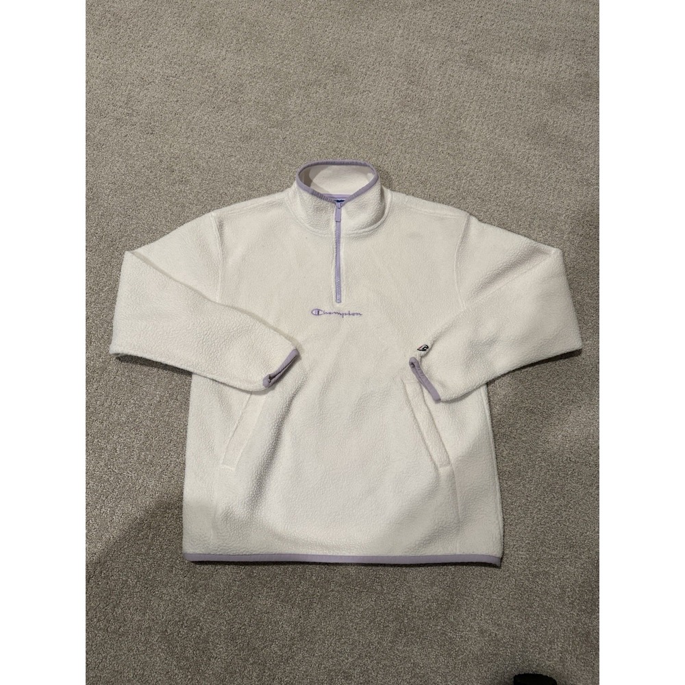 Champion High Pile Quarter Zip Fleece Pullover Women Small Cream Purple Logo